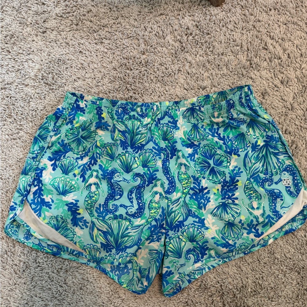 Lilly Pulitzer Seeing Double Mermaid Seahorse  Blue & Green Luxletic Shorts